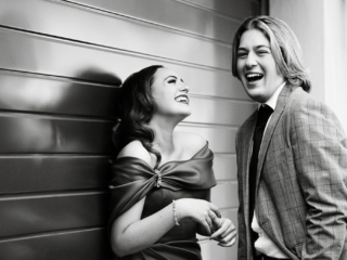 Black and white couple image laughing during their matric dance photography by Loci Photography