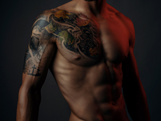 Moody fitness image of trained man with red side-light with well shaped physique during fitness photoshoot with Loci Photography