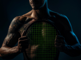 Moody fitness image of trained man with tennis racket with well shaped physique during fitness photoshoot with Loci Photography