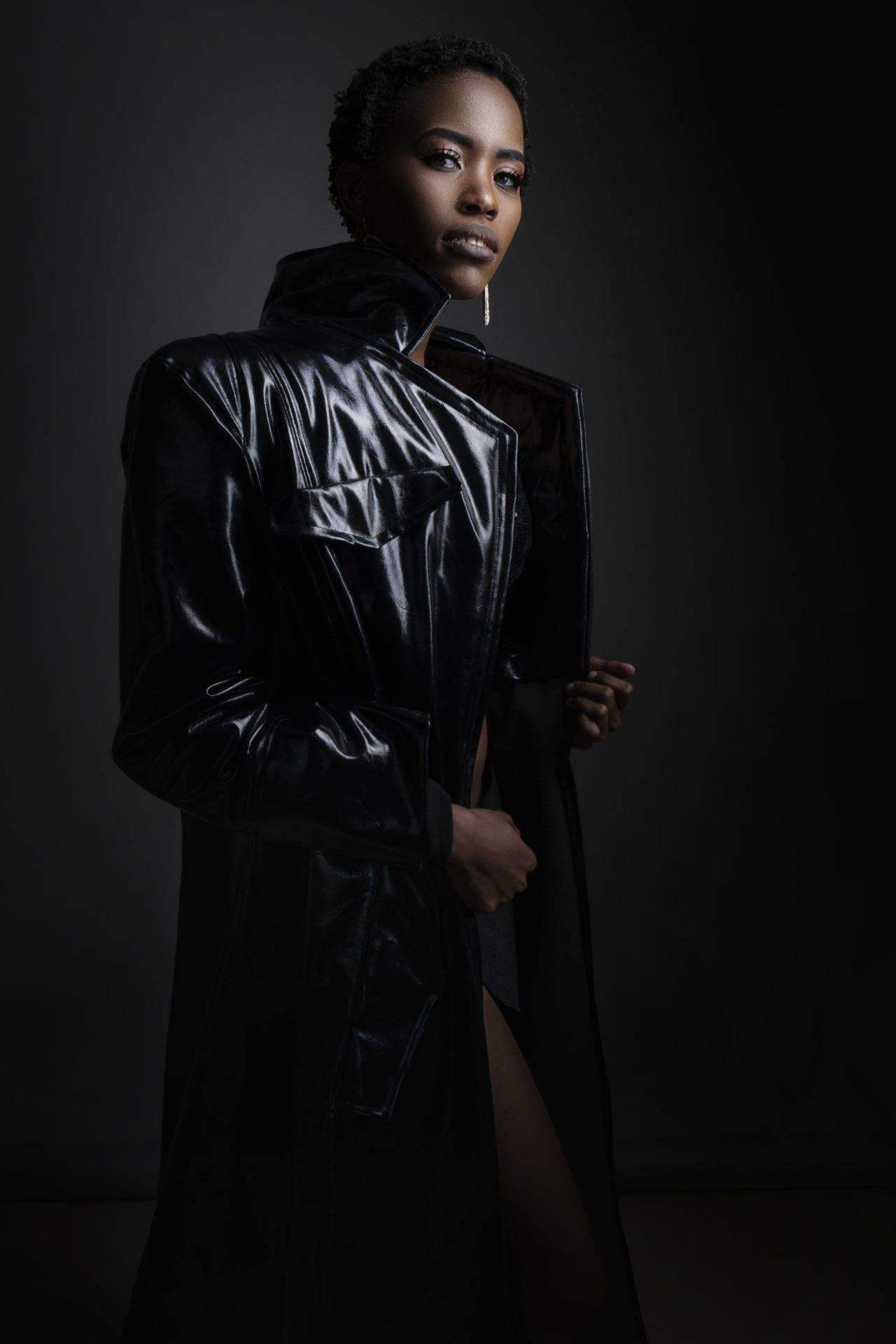 BLACK PATENT LEATHER COAT - BALMAIN SHOULDERS | Loci Photography