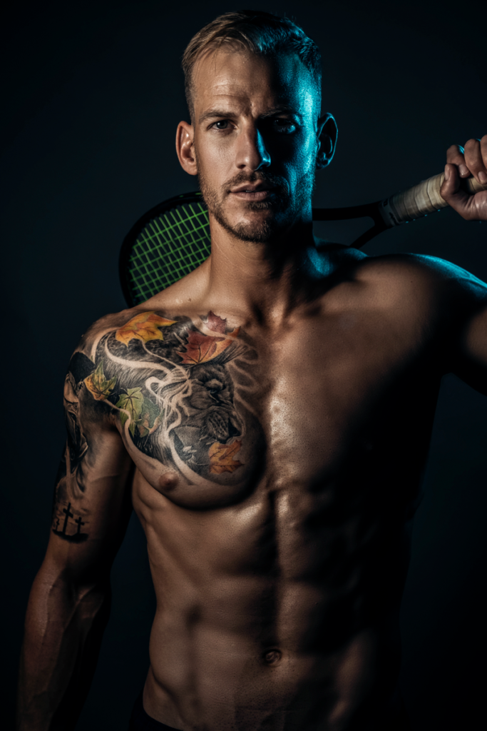 Fitness shoot done in studio with blue sidelight and tennis racket by Loci Photography