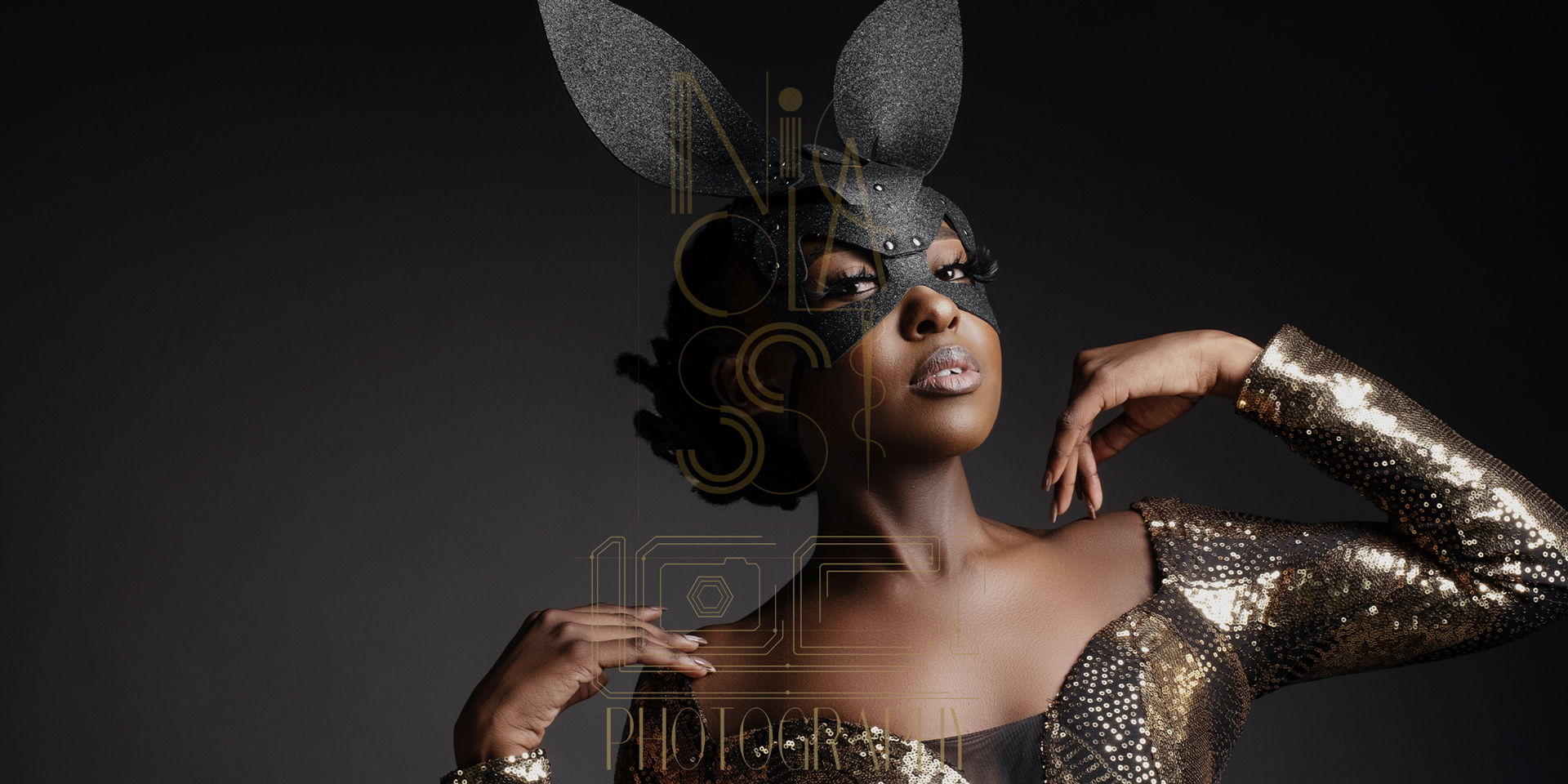 Image of model in studio wearing glitter dress and bunny mask photographed by Loci Photography